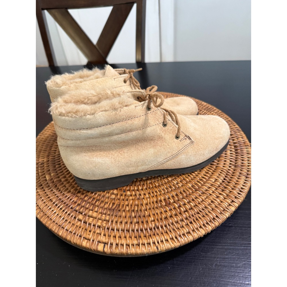 Hush Puppies Vintage Tan Suede Faux Fur Lined Ankle Boots 7.5 W 35055
